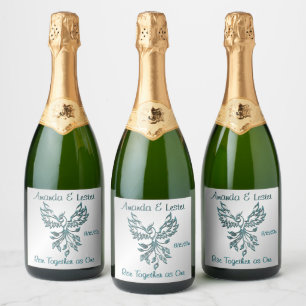 Blue Green Phoenix Rises on Silver Custom Text Sparkling Wine Label
