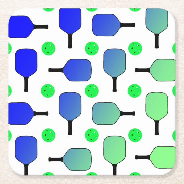 Blue & Green Pickleball Paddles Green Pickleballs Square Paper Coaster (Front)