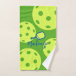Blue & Green  Pickleball Personalized Sweat Hand Towel<br><div class="desc">Personalized Pickleball Hand Towel for Sweat printed with custom name or text in a fun and funky feminine script font with a simple pickleball paddle monogram and pickleball ball background in bright yellow green, and blue makes a perfect gift, party favour, or as matching team gear. Use Zazzle's customization options...</div>