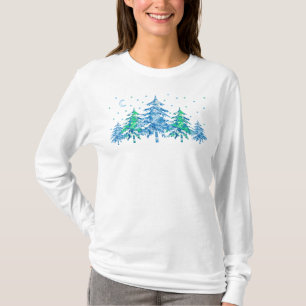 Blue Green Pine Tree Winter Forest Christmas  T-Shirt