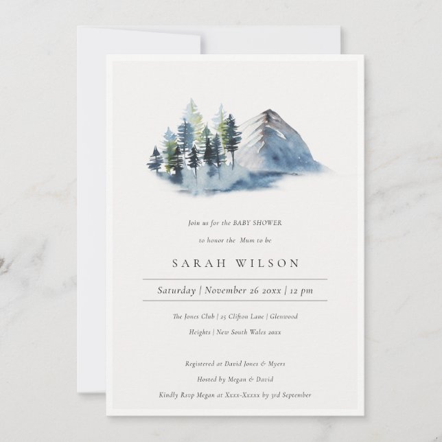 Blue Green Pine Woods Mountain Baby Shower Invite (Front)
