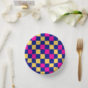 Blue Green Pink Checkered Pattern Design  Paper Plate