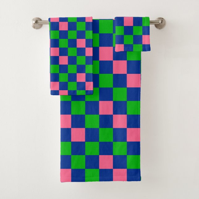 Blue Green Pink Chequered Pattern Design  Bath Towel Set (Insitu)