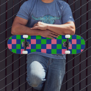 Blue Green Pink Chequered Pattern Design Skateboard