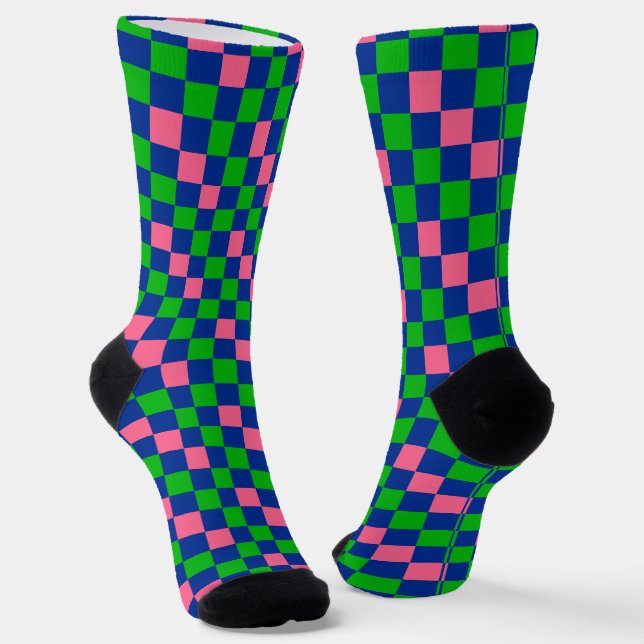 Blue Green Pink Chequered Pattern Design  Socks (Angled)