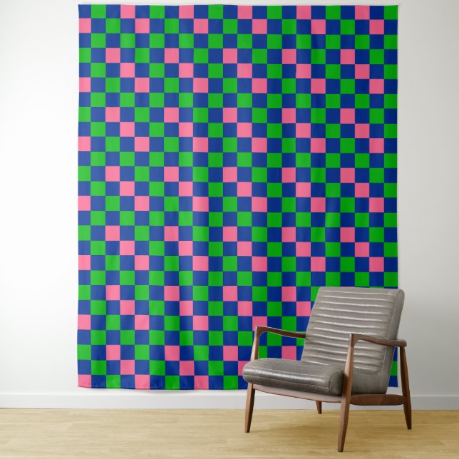 Blue Green Pink Chequered Pattern Design  Tapestry (In Situ)
