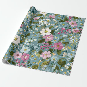 Blue Green Pink Ditsy Flower Boho 70s Vintage Wrapping Paper