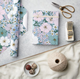 Blue Green Pink Ditsy Flower Boho 70s Vintage Wrapping Paper