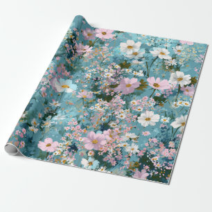 Blue Green Pink Ditsy Flower Boho 70s Vintage Wrapping Paper