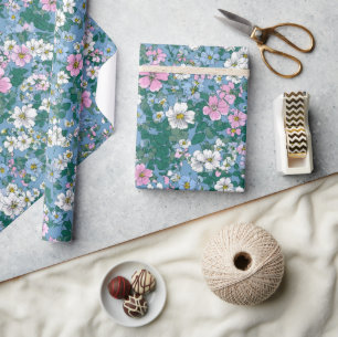 Blue Green Pink Ditsy Flower Boho 70s Vintage Wrapping Paper