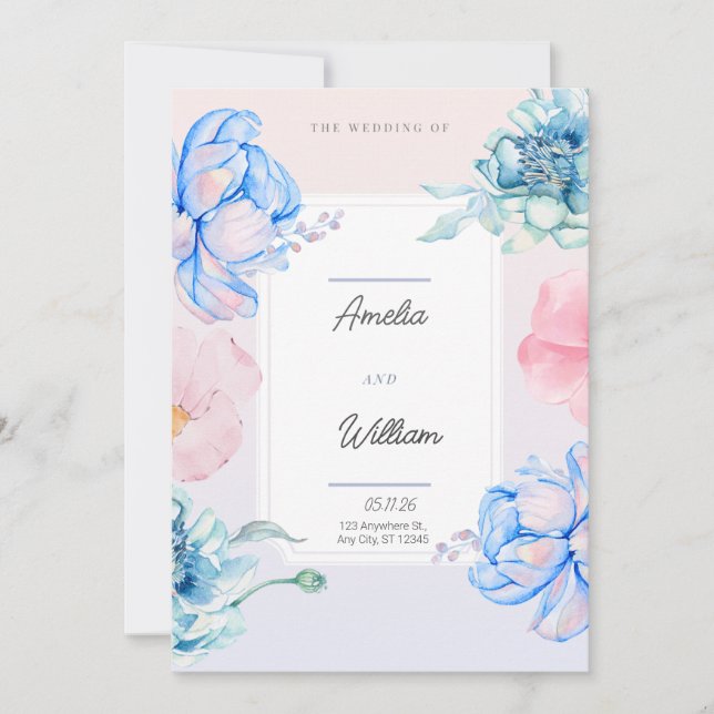 Blue Green Pink Floral Modern Trendy Watercolor  Invitation (Front)