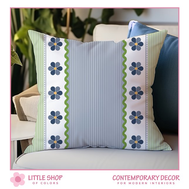 Blue Green Pinstripe Floral Throw Pillow (Creator Uploaded)