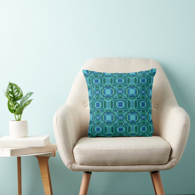 Blue Green Pixelated Geometric Throw Pillow (Chair)