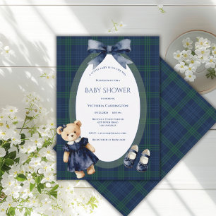 Blue & Green Plaid Little Lady Bear Vintage Girl Invitation