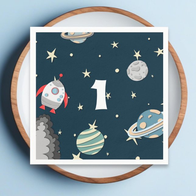Blue Green Planets Rocket Ship Boy First Birthday Napkin (Creator Uploaded)