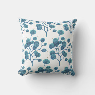 Blue Green Plant Pattern Pen Drawing Throw Pillow