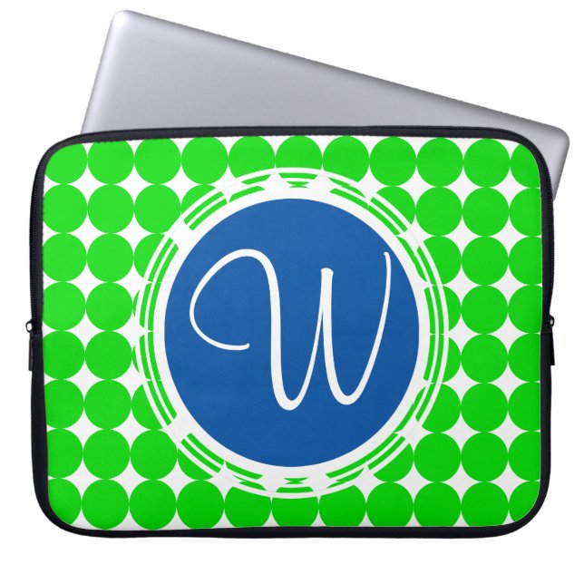 Blue & Green Polka Dot Monogram Laptop Sleeve (Front)
