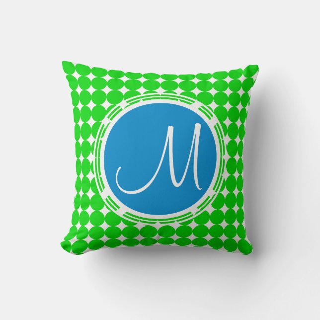 Blue & Green Polka Dot Monogram Throw Pillow (Front)
