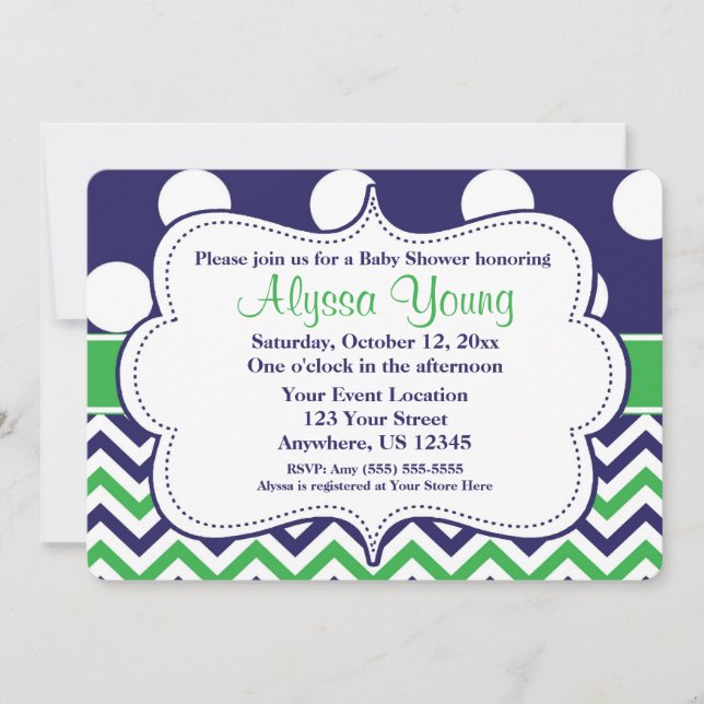 Blue Green Polka Dots Chevron Invitation (Front)