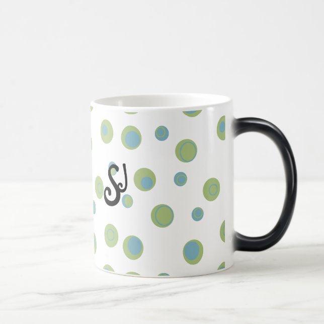 Blue Green Polka Dots Monogrammed Magic Mug (Right)