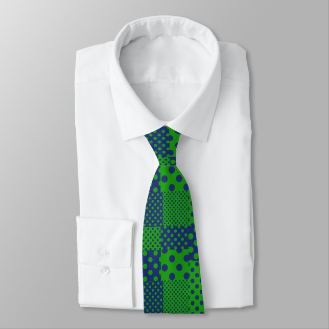 Blue Green Polka Dots Patchwork  Tie (Tied)