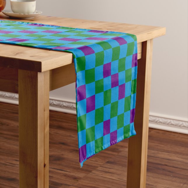 Blue Green Purple Checkered Pattern Design  Short Table Runner (In Situ)