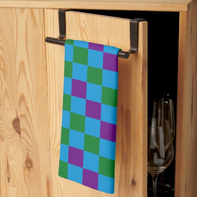 Blue Green Purple Chequered Pattern Design  Kitchen Towel (Thirds Fold)