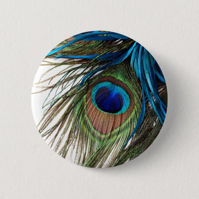 Blue Green Purple Exotic Peacock Feather 2 Inch Round Button (Front)