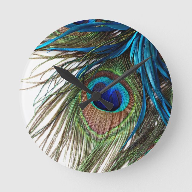 Blue Green Purple Exotic Peacock Feather Round Clock (Front)