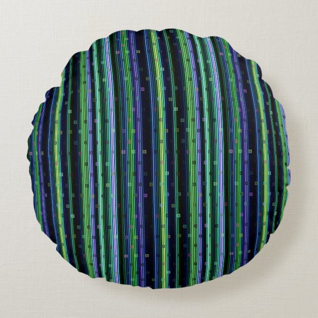 Blue, green, purple geometric with stripes round pillow (Front)