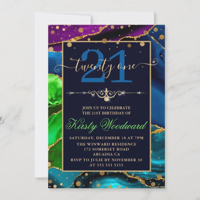 Blue Green & Purple & Gold Glitter Agate Birthday Invitation (Front)
