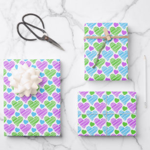 Blue Green Purple Hearts Pattern Wrapping Paper Sheet