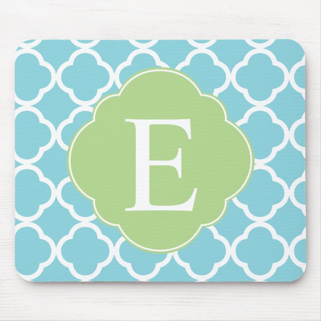 Blue Green Quatrefoil Monogram Mouse Pad (Front)