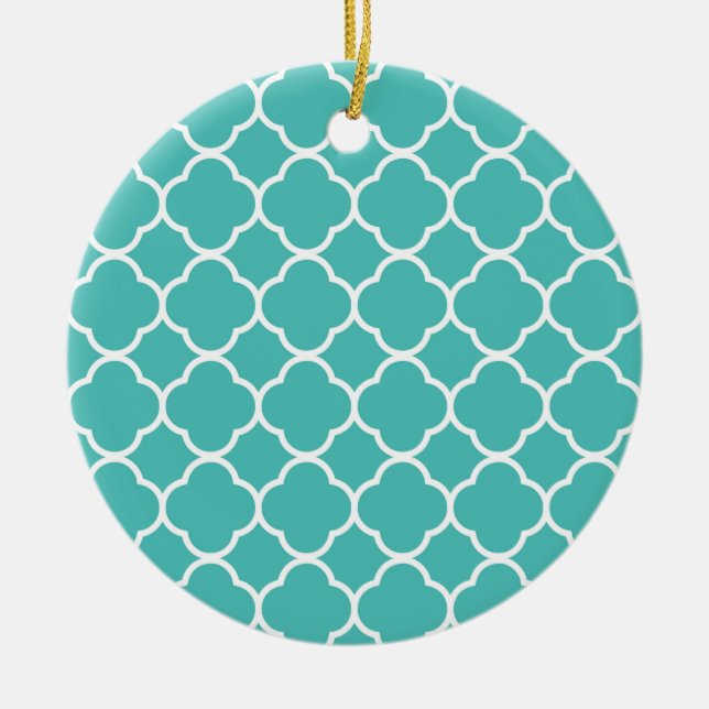 Blue-Green Quatrefoil Pattern Ceramic Ornament (Front)
