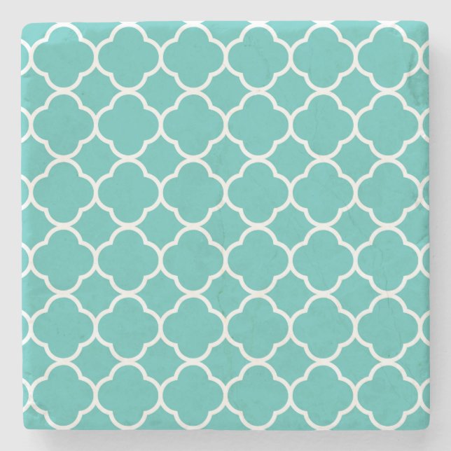 Blue-Green Quatrefoil Pattern Stone Coaster (Front)