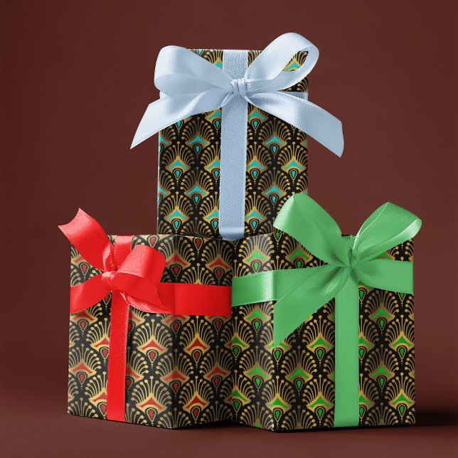 Blue, Green Red Art Deco Pattern On Black Wrapping Paper Sheet (Creator Uploaded)