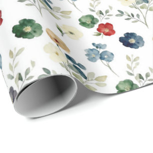 Blue Green Red Floral Watercolor  Wrapping Paper