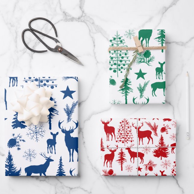Blue Green Red Reindeer Woodland Forest Modern Wrapping Paper Sheet (Front)