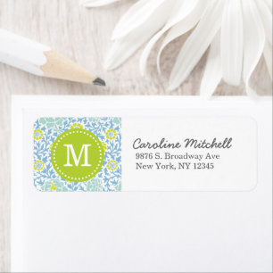 Blue & Green Retro Floral Damask Custom Monogram