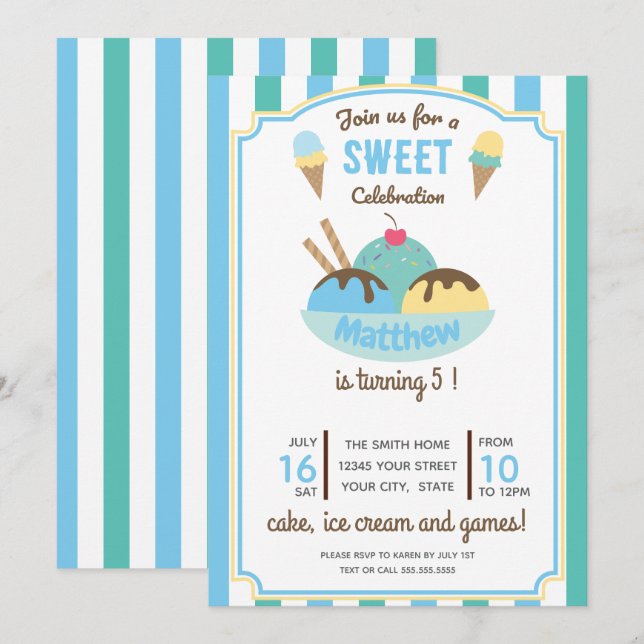 Blue Green Retro Ice Cream Kid's Birthday Party Invitation (Front/Back)