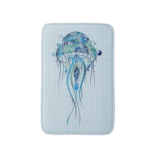 Blue-Green Retro Jellyfish Over Blue Background 2 Bath Mat (Front Vertical)