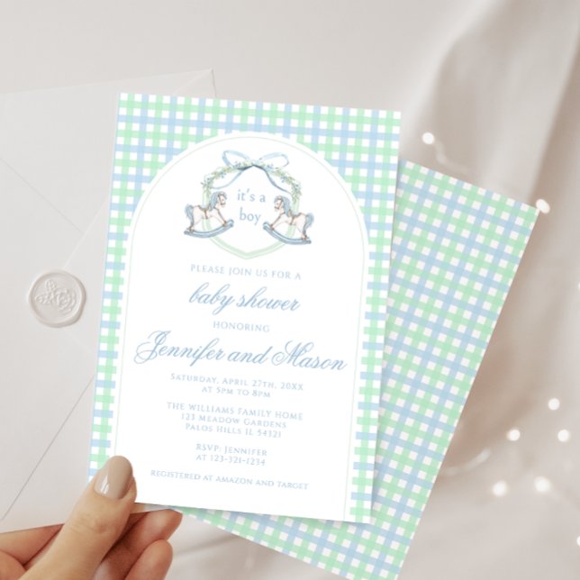 Blue green rocking horse boho arch baby boy shower invitation (Creator Uploaded)