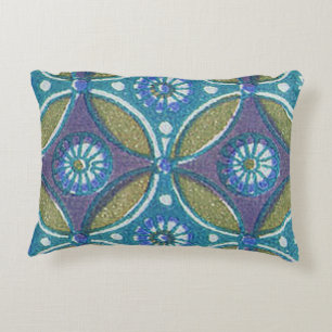 Blue Green Rustic Boho Geometric Circle Pattern Accent Pillow