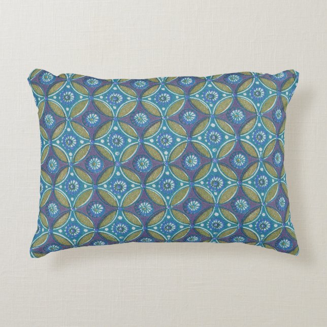 Blue Green Rustic Boho Geometric Circle Pattern Accent Pillow (Front)