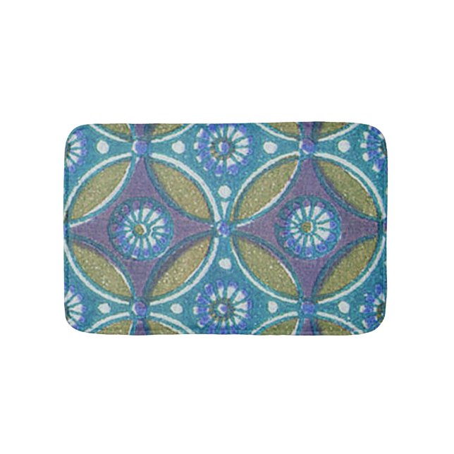 Blue Green Rustic Boho Geometric Circle Pattern Bath Mat (Front)
