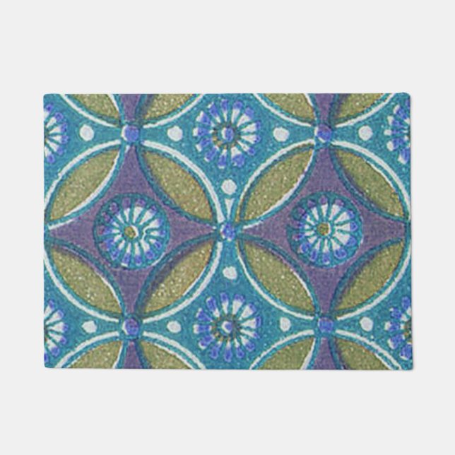 Blue Green Rustic Boho Geometric Circle Pattern Doormat (Front)