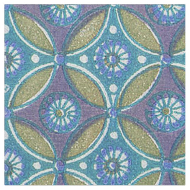 Blue Green Rustic Boho Geometric Circle Pattern Fabric (Close Up)