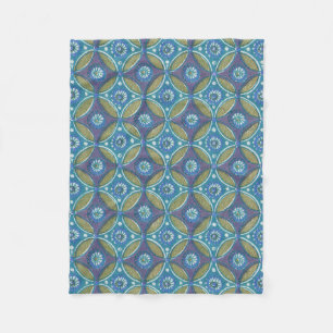Blue Green Rustic Boho Geometric Circle Pattern Fleece Blanket