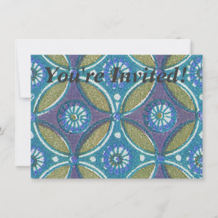 Blue Green Rustic Boho Geometric Circle Pattern Invitation