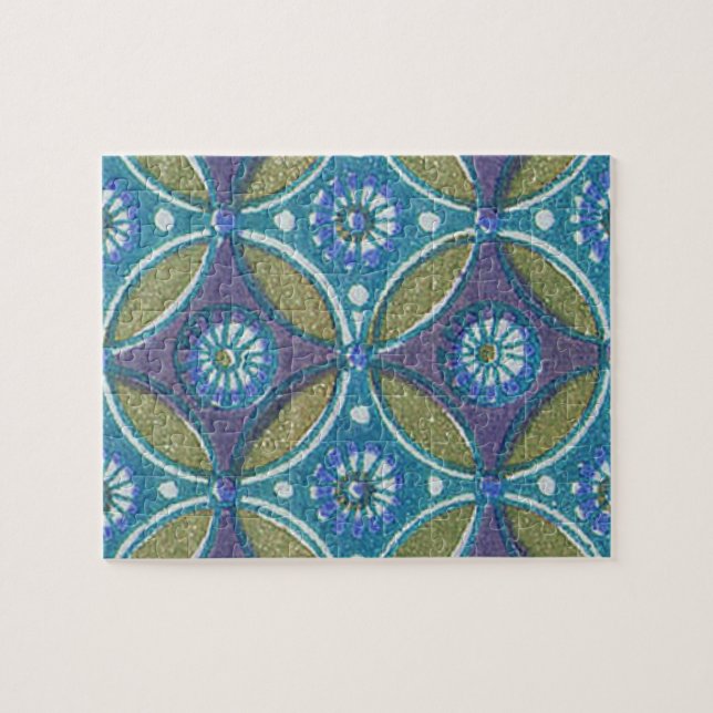 Blue Green Rustic Boho Geometric Circle Pattern Jigsaw Puzzle (Horizontal)